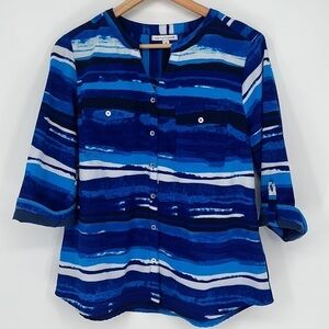 Notations Button-Front Striped Blouse Blue Size Medium
